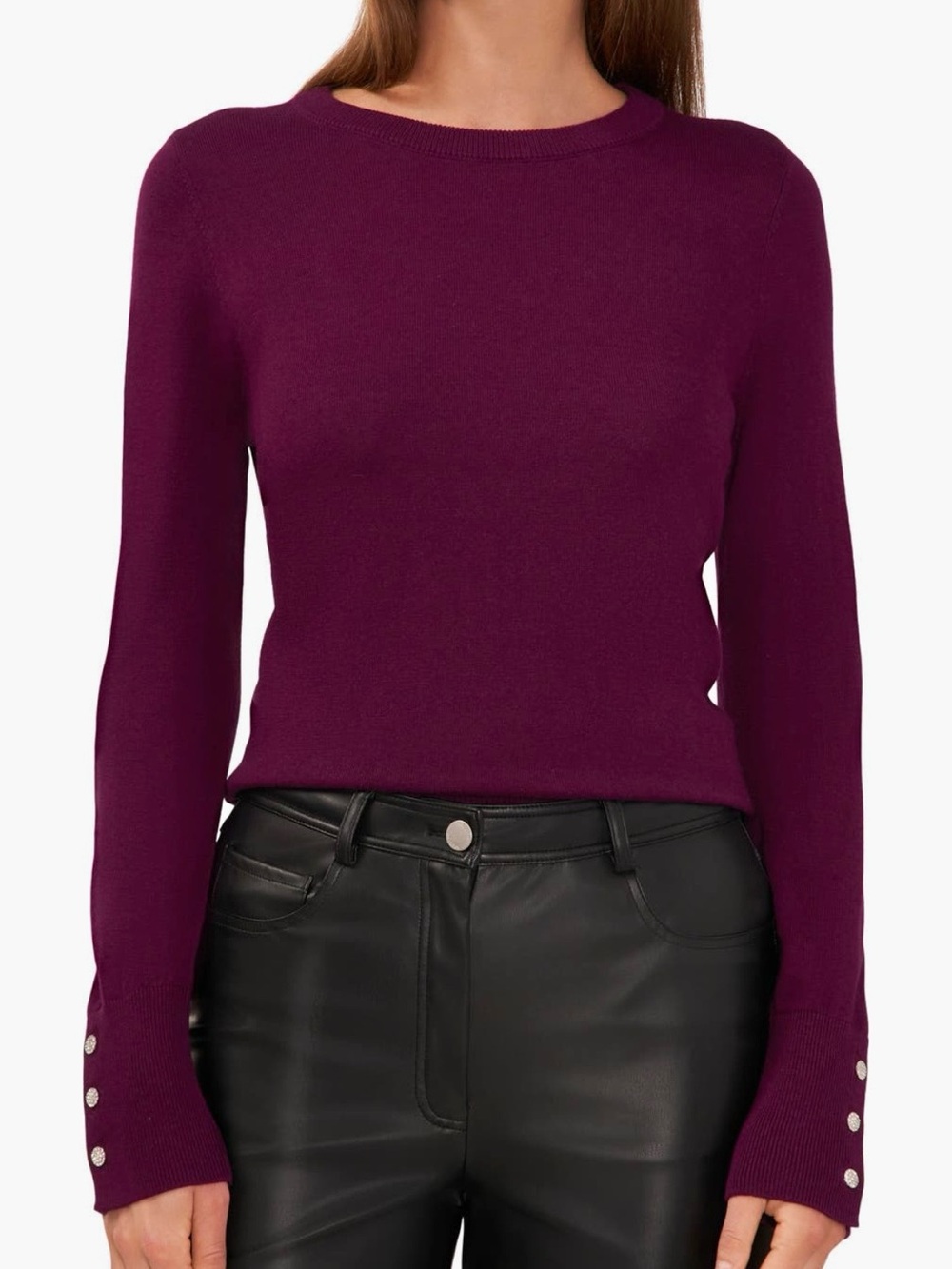 Halogen Deep Ruby Jewel Button Cuff Cotton Blend Crew Neck Sweater - Sz M, NWT
